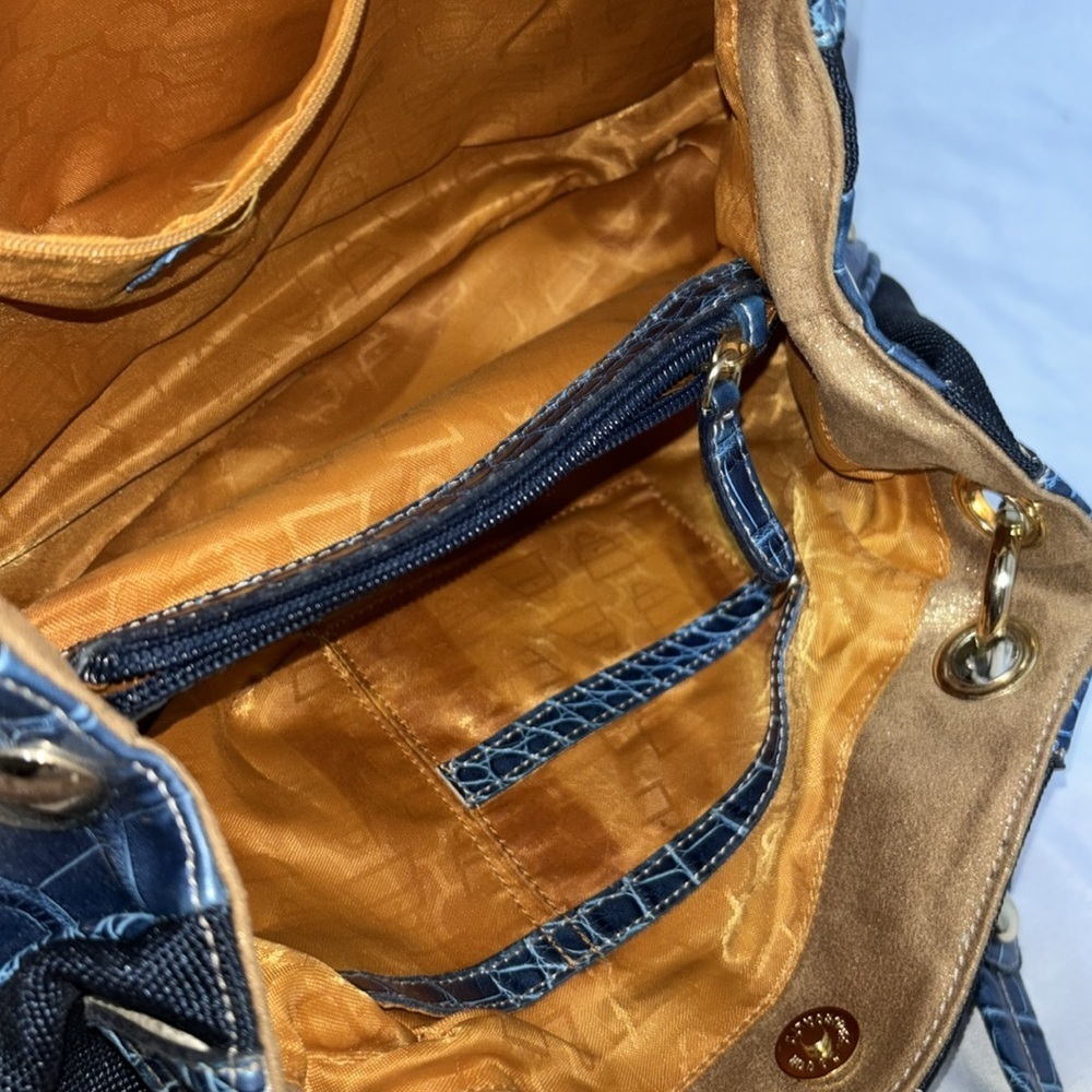 Kathy Van Zeeland Navy Canvas Faux Croc Double Strap Satchel Shoulder Bag Y2K - Picture 8 of 15